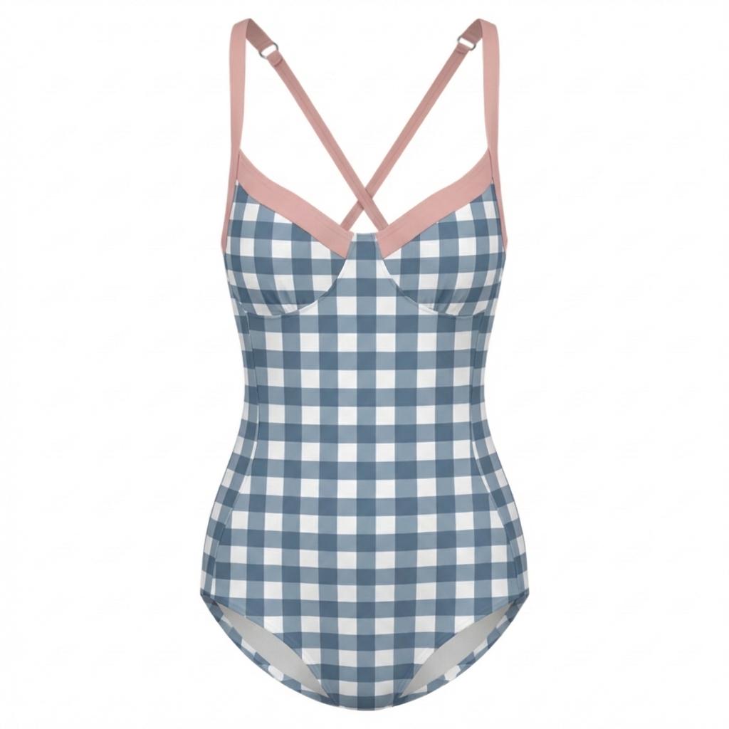 Retro Romantic Gingham Push-Up One-Piece Swimsuit with Lace-Up Back, Blue