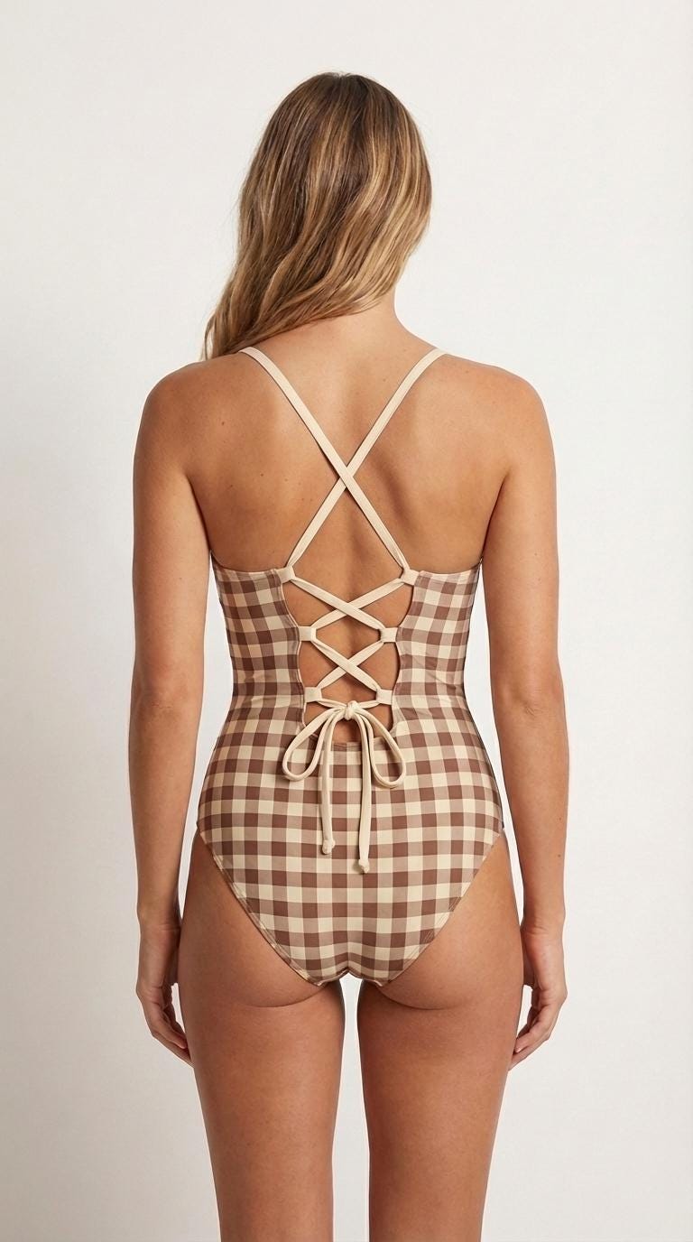 Retro Romantic Gingham Push-Up One-Piece Swimsuit with Lace-Up Back, Brown