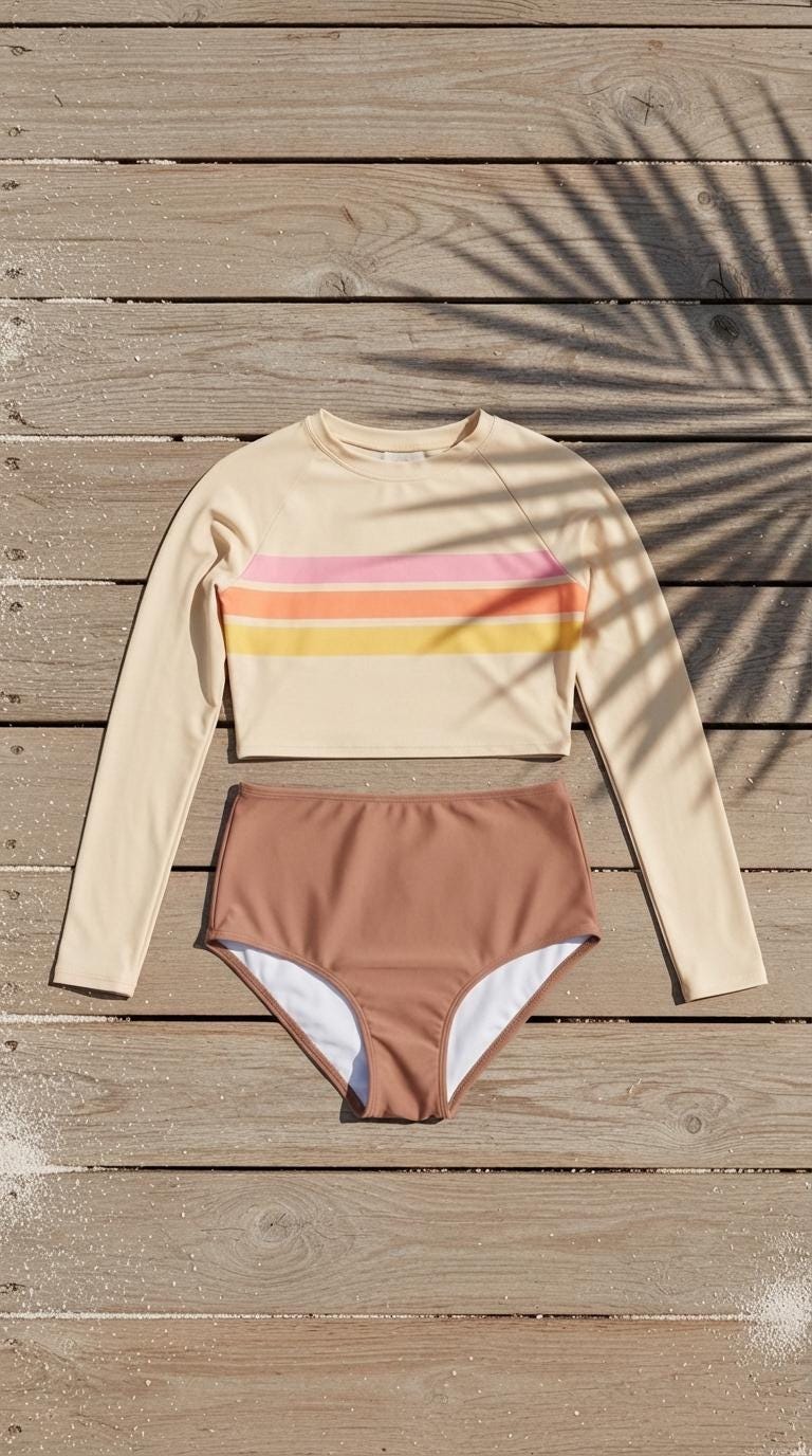 70s Retro Surf Sporty Long-Sleeve Crop-Top Bikini | High-Waist Two-Piece Swimwear | Cream & Tobacco Brown