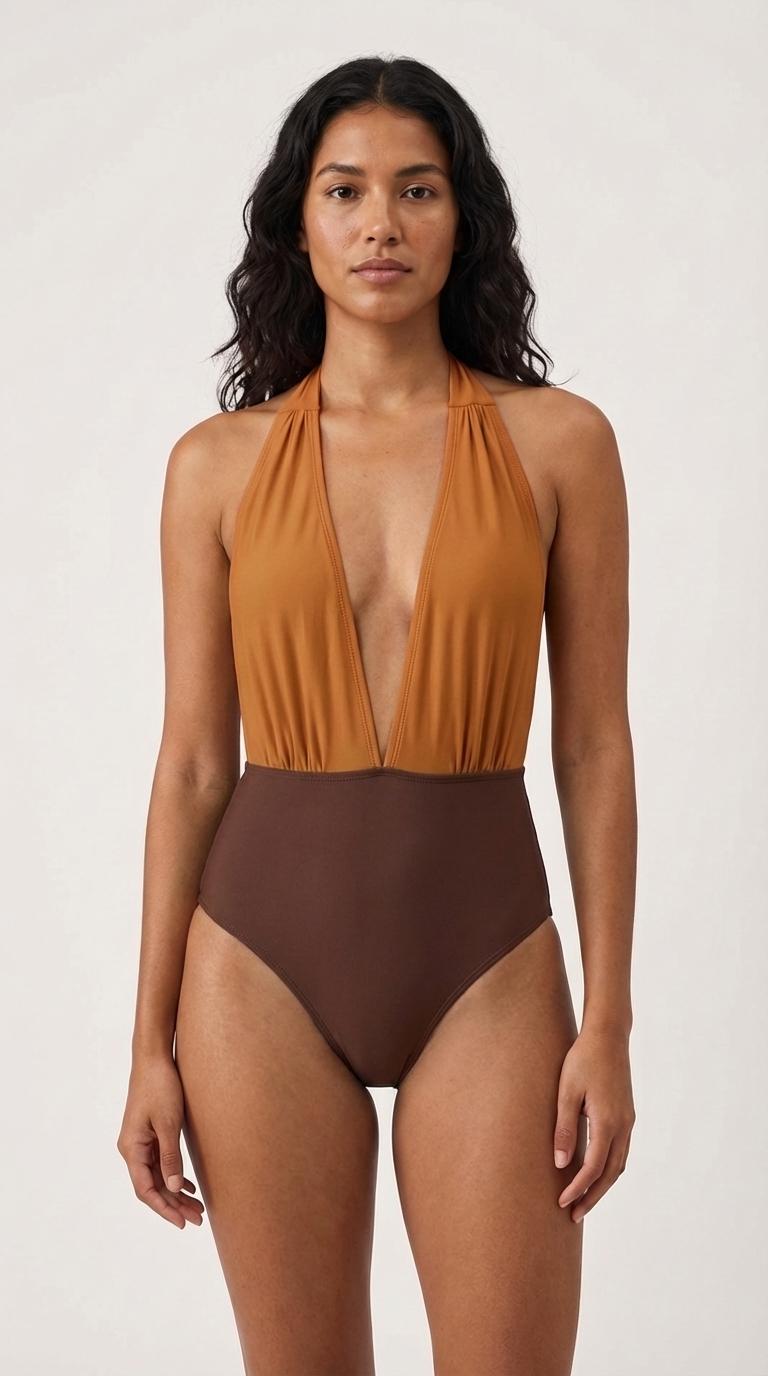 Retro Monroe Mustard and Brown Halter Plunge One Piece Swimsuit
