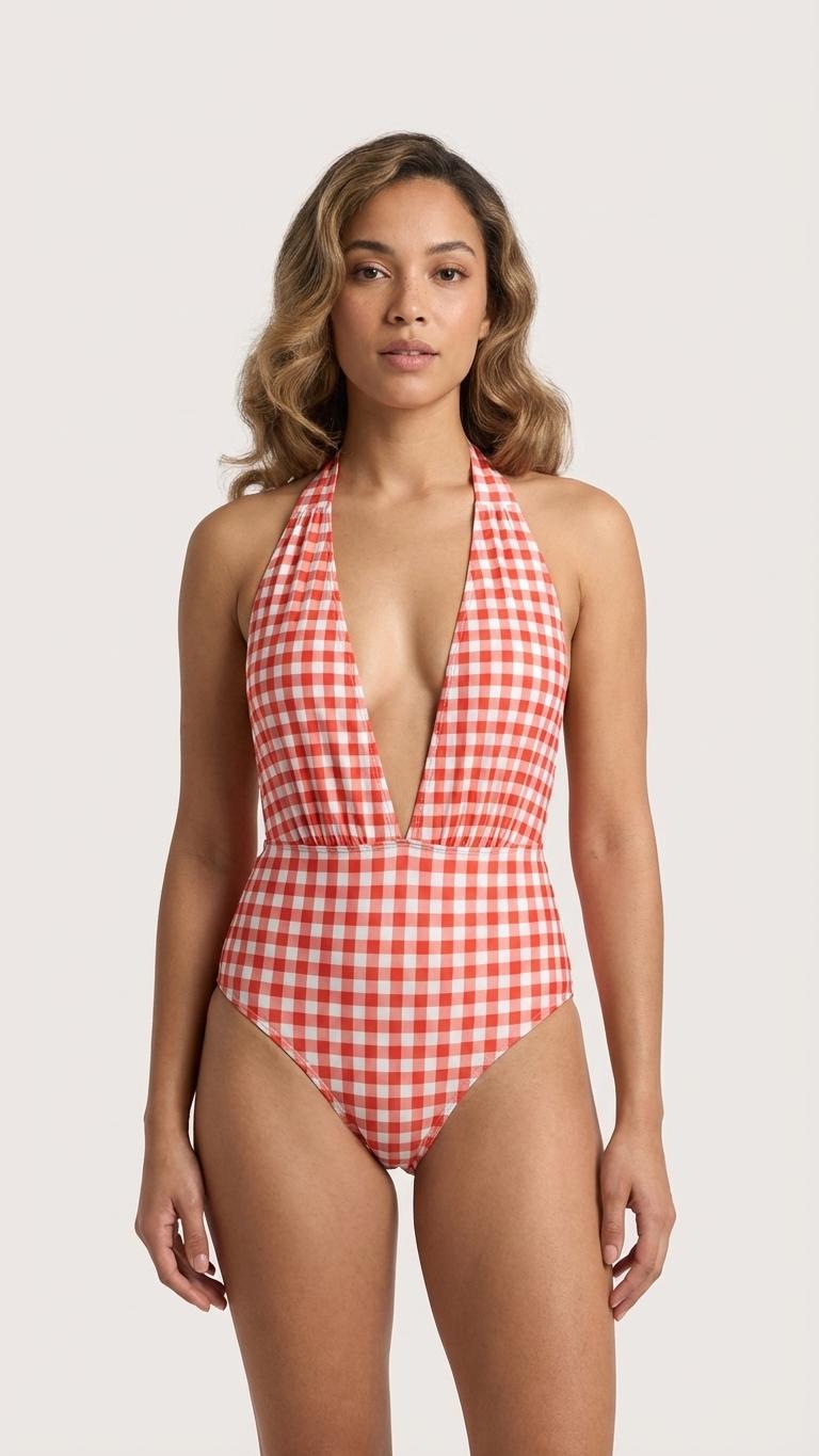 Retro Monroe Red Gingham Halter Plunge One Piece Swimsuit