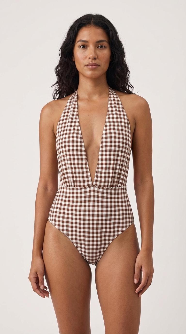 Retro Monroe Brown Gingham Halter Plunge One Piece Swimsuit