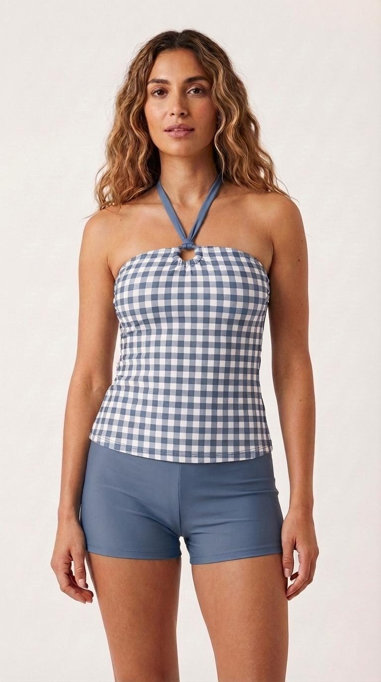 Halter Tankini Boyshorts Swimwear Set | Two-Piece Flattering Swimsuit | Gingham