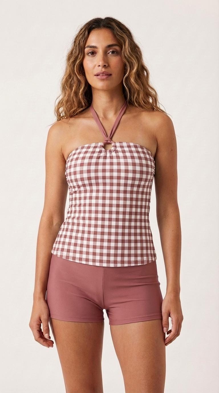 Halter Tankini Boyshorts Swimwear Set | Two-Piece Flattering Swimsuit | Gingham