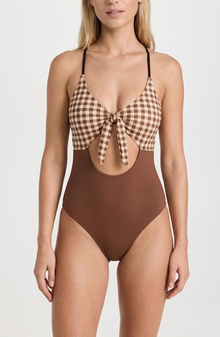 Tie Front Cut-Out One-Piece Swimsuit – Retro Sexy Plunge Monokini – Gingham