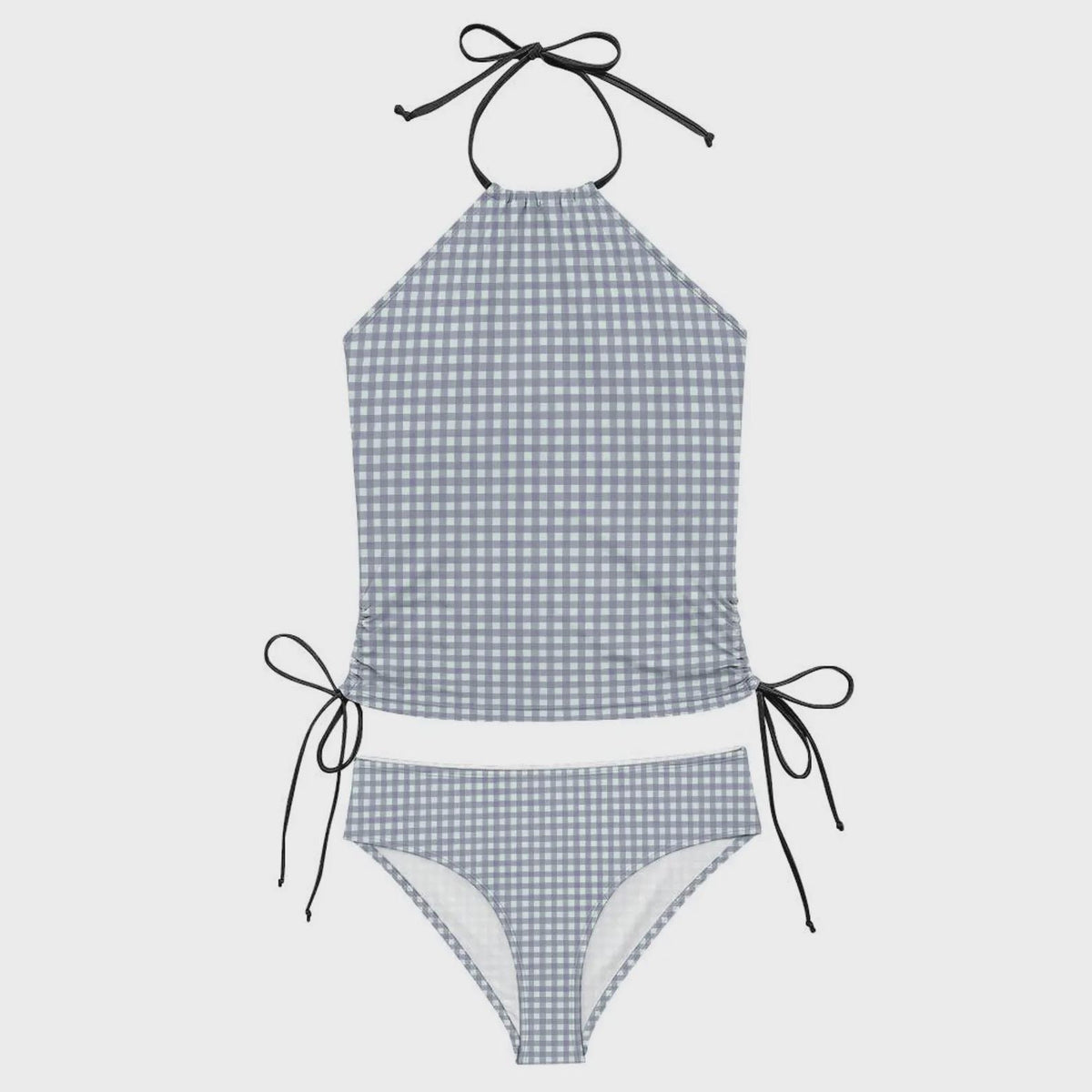 Stylish Halterneck Tankini – Gingham Two-Piece Swimsuit with Side Drawstrings, Flattering & Comfortable