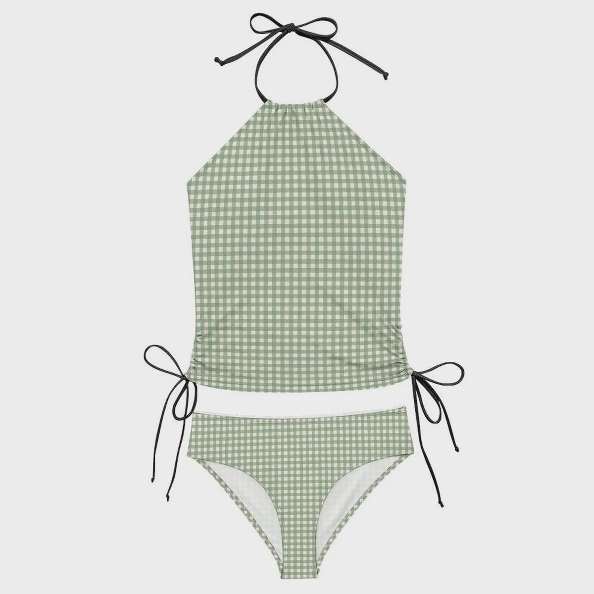 Stylish Halterneck Tankini – Gingham Two-Piece Swimsuit with Side Drawstrings, Flattering & Comfortable