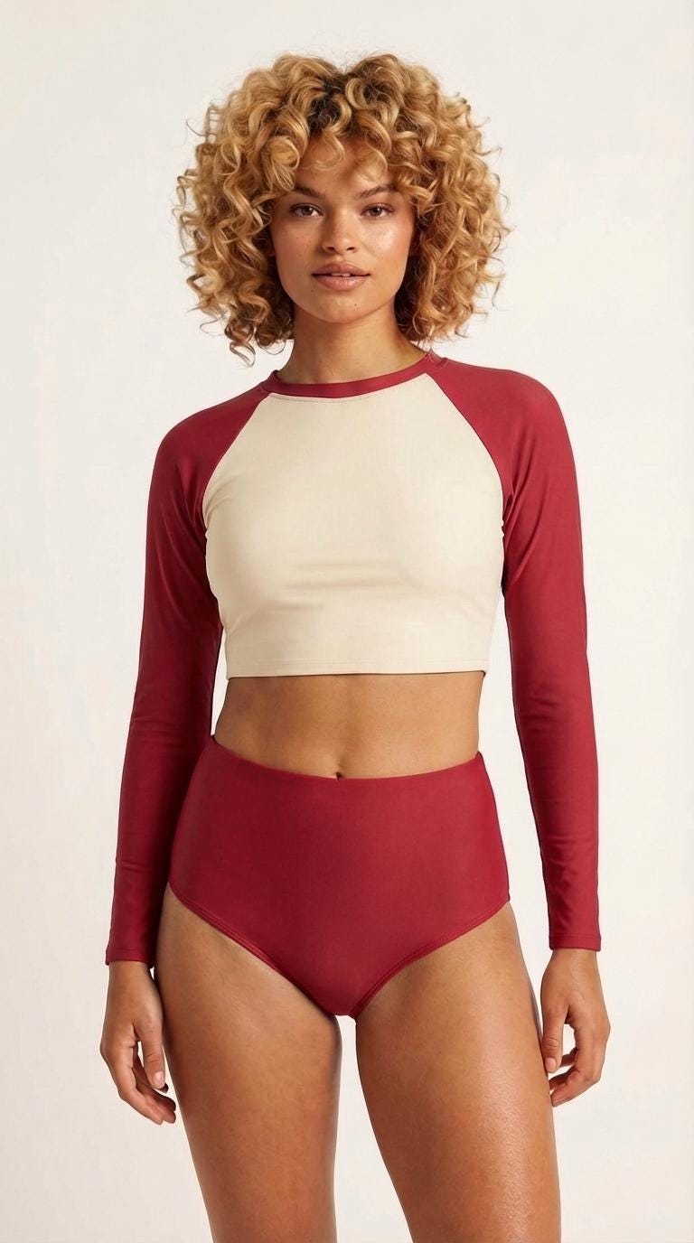 Vintage-Inspired Two-Tone Red Two-Piece Swimsuit | Retro Surf Long-Sleeve Crop-Top | High-Waisted Bottoms