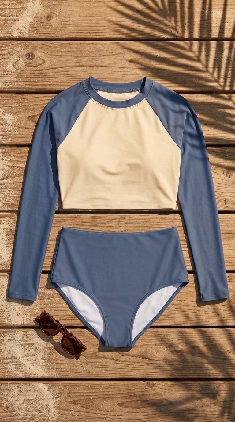 Vintage-Inspired Two-Tone Red Two-Piece Swimsuit | Retro Surf Long-Sleeve Crop-Top | High-Waisted Bottoms
