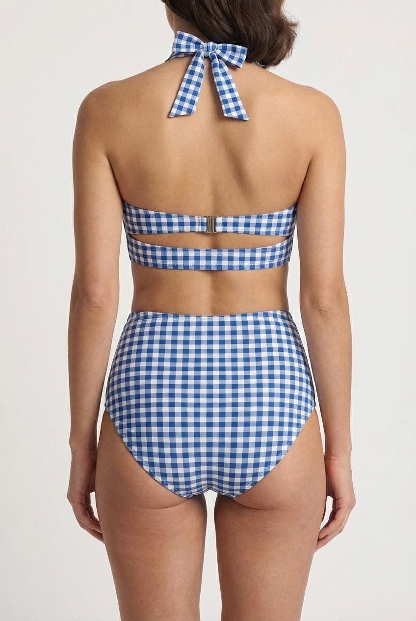 Coquette Vintage-Inspired High-Waist Bikini, Retro Pin Up 50s Blue Gingham Chequered Two-Piece Swimsuit