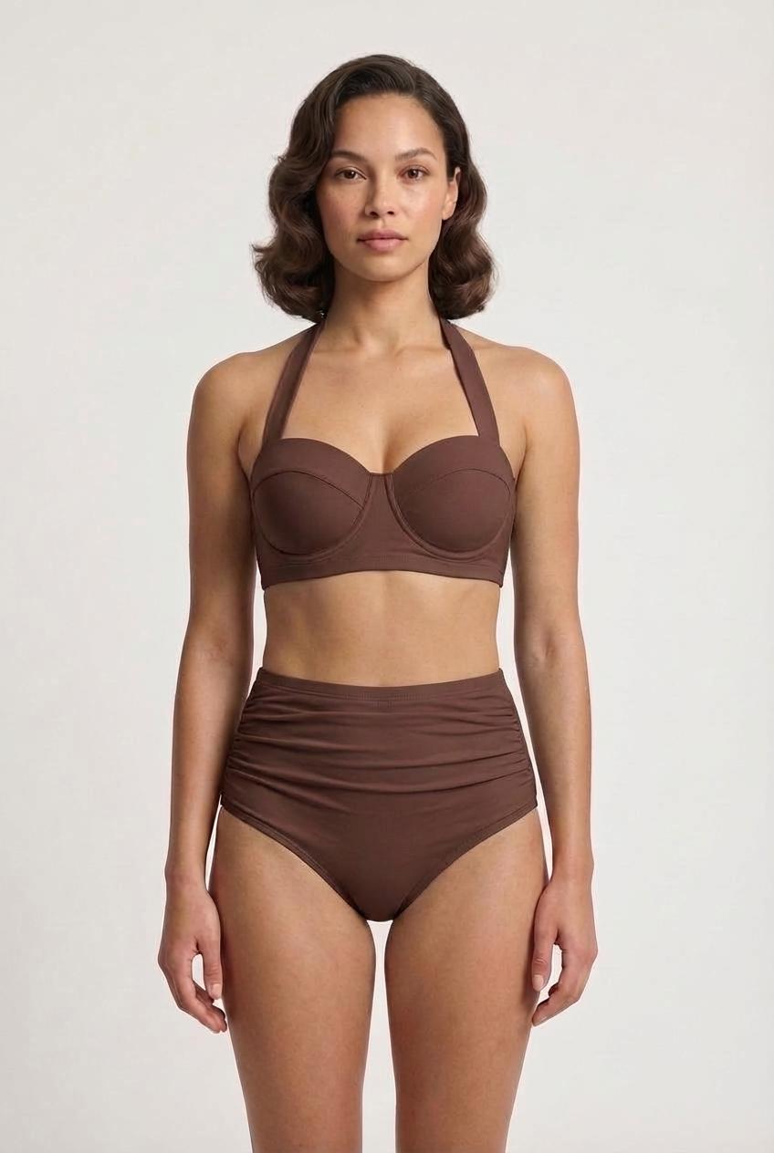 Coquette Vintage-Inspired High-Waist Bikini, Retro Pin Up 50s Chocolate Brown Two-Piece Swimsuit