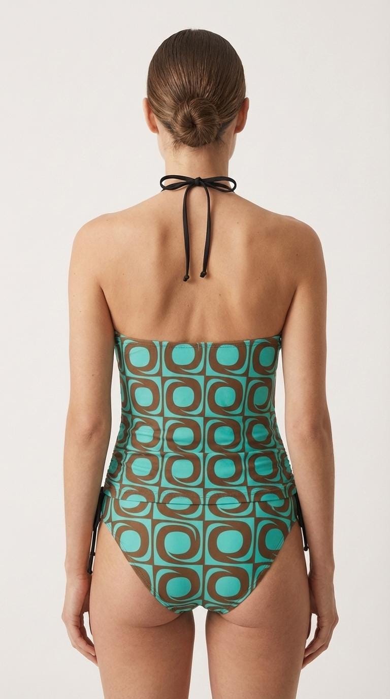 Retro Flattering Tankini Groovy 1960s-Inspired Two-Piece Drawstring Halterneck Swimsuit - Water Sports, Surfing - Brown & Cyan