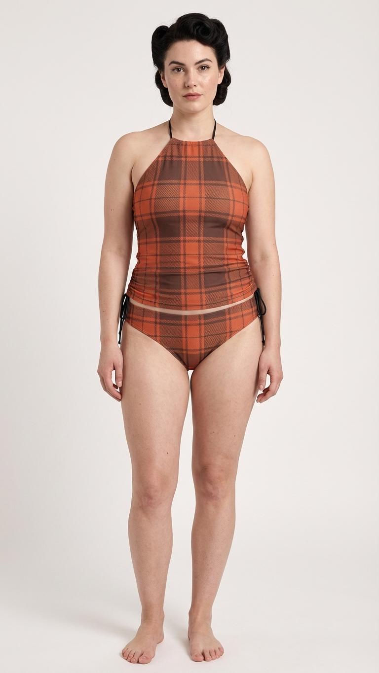 Retro Plaid Tankini Two-Piece Drawstring Halterneck Swimsuit - Water Sports, Surfing - Rust