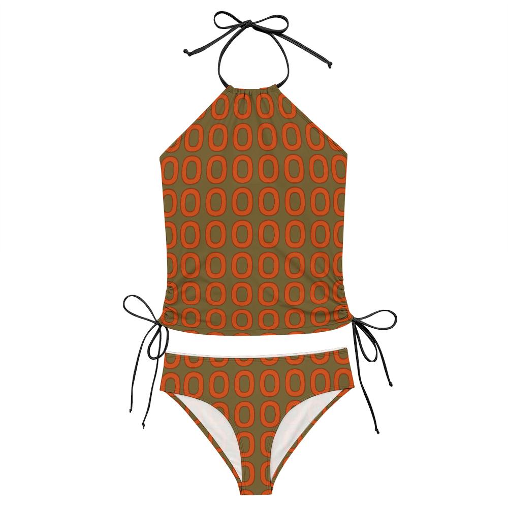 Retro Halterneck Tankini Swimsuit – 1960s Groovy Prints, Side Drawstrings