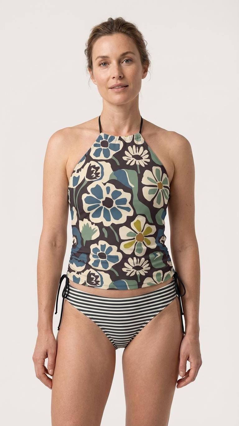 Retro Floral Tankini Two-Piece Swimsuit - Drawstring Halterneck Flattering Fit Surfing Swimwear - Navy with Stripes