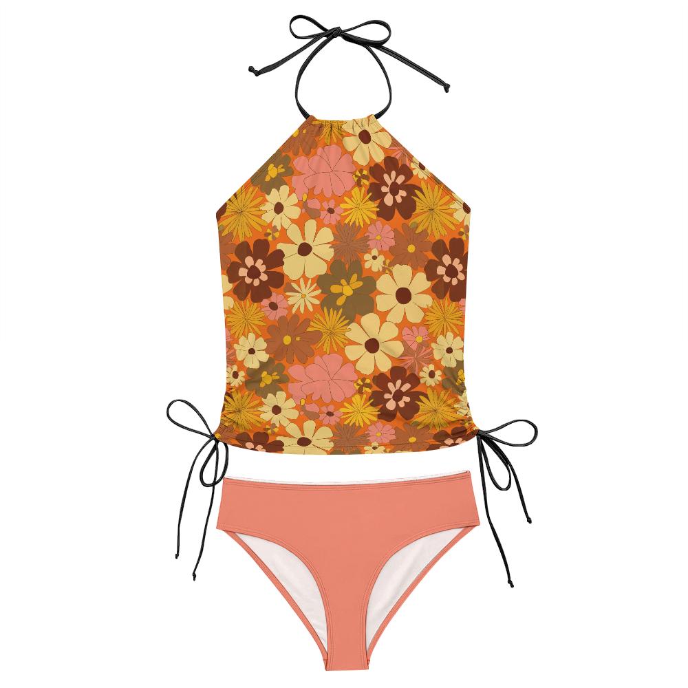 Retro Floral Tankini Groovy 1960s-Inspired Two-Piece Surfing Halter Swimsuit with Drawstring - Salmon / Brown