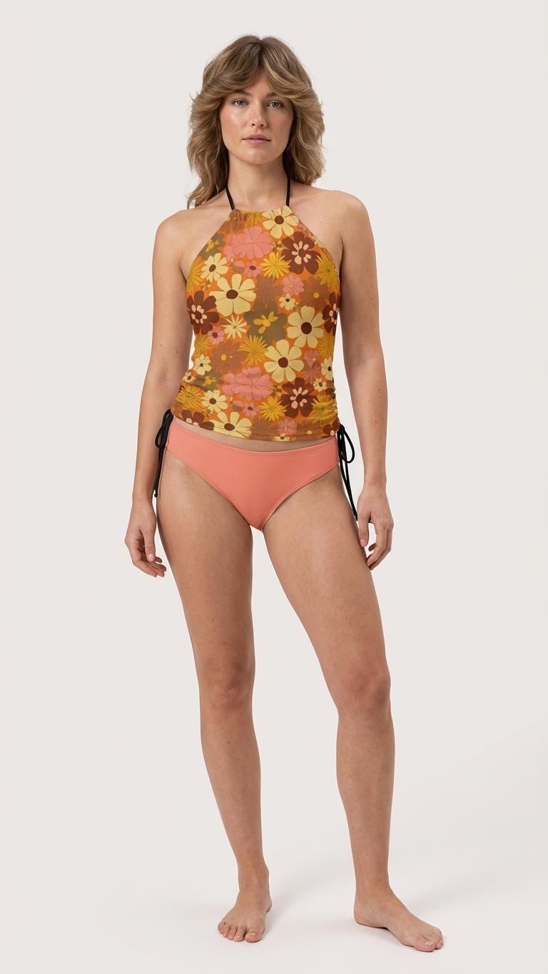 Retro Floral Tankini Groovy 1960s-Inspired Two-Piece Surfing Halter Swimsuit with Drawstring - Salmon / Brown