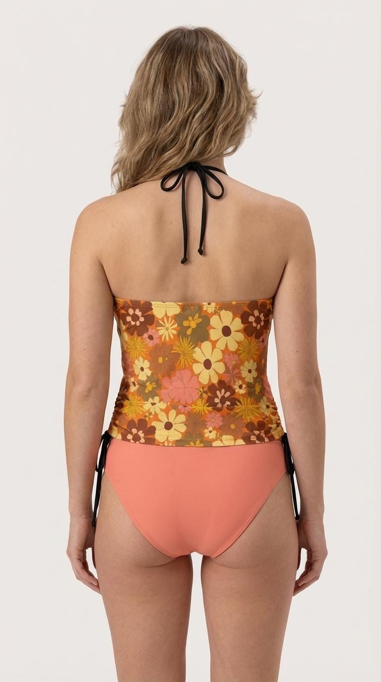 Retro Floral Tankini Groovy 1960s-Inspired Two-Piece Surfing Halter Swimsuit with Drawstring - Salmon / Brown