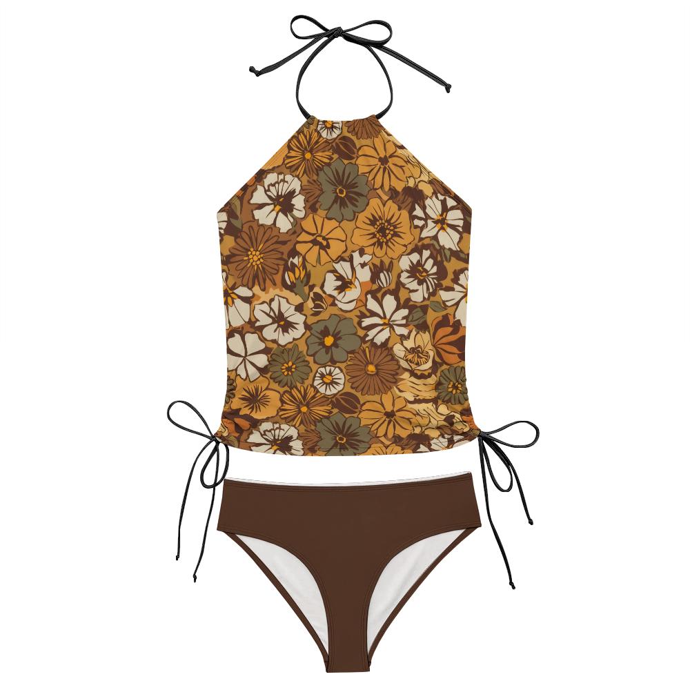 Retro Floral Tankini Groovy 1960s-Inspired Two-Piece Surfing Halter Swimsuit with Drawstring - Salmon / Brown