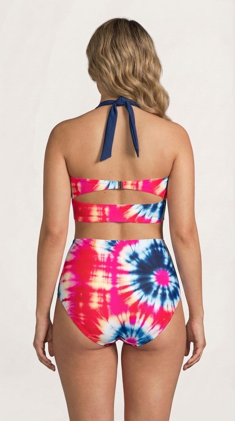 Retro Sweetheart High-Waist Bikini, Pin-Up Halter Swimsuit, Red & Blue Tie-Dye Print