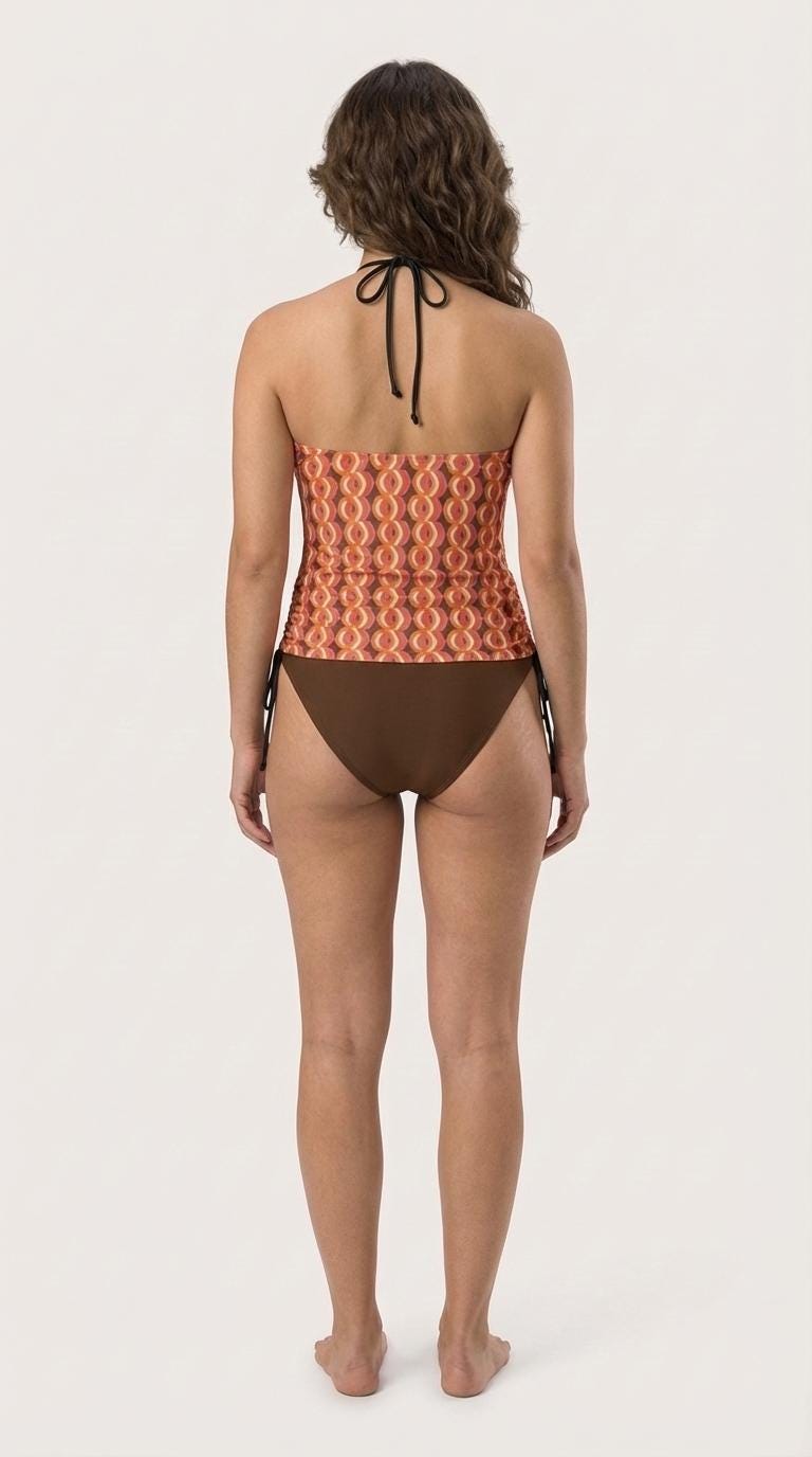 Retro Flattering Tankini Groovy 1960s-Inspired Two-Piece Drawstring Halterneck Swimsuit - Mod Psychedelic Brown & Orange