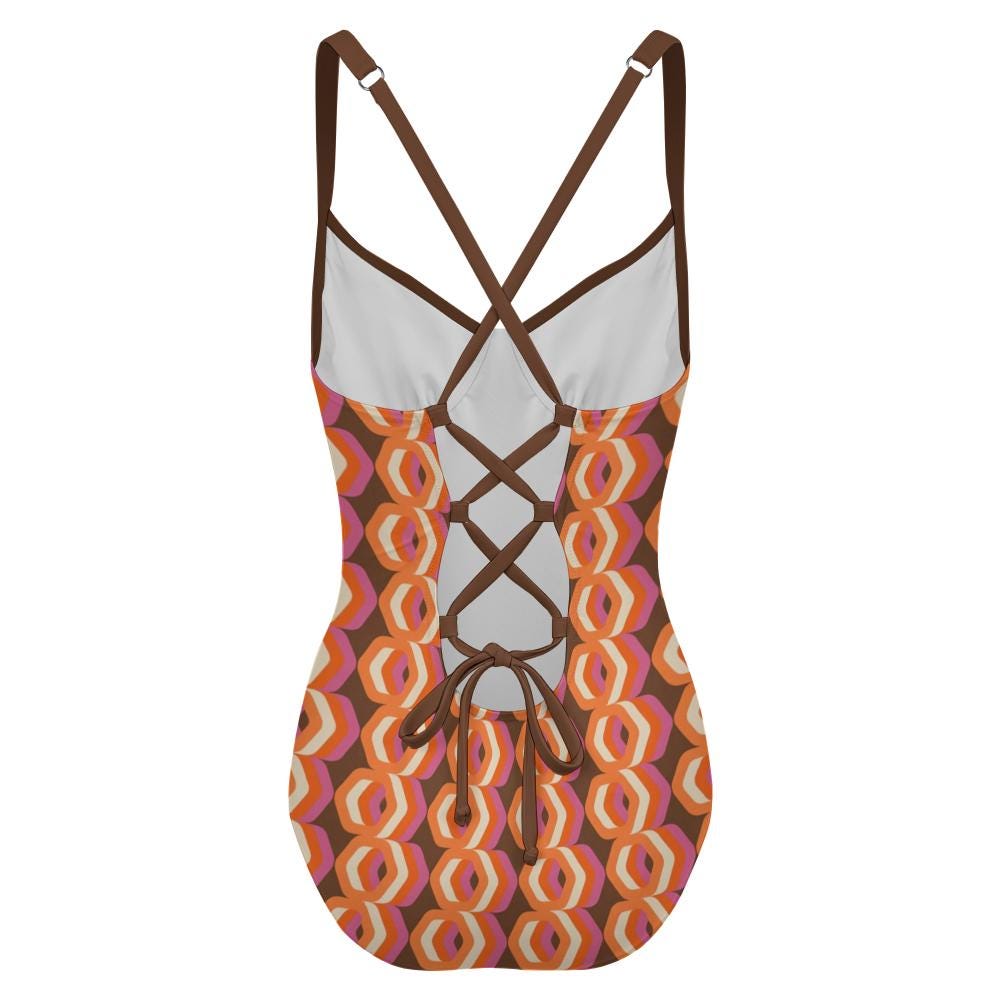 Retro Boho Sixties Mod Push-Up One-Piece Swimsuit with Lace-Up Back, Brown & Orange