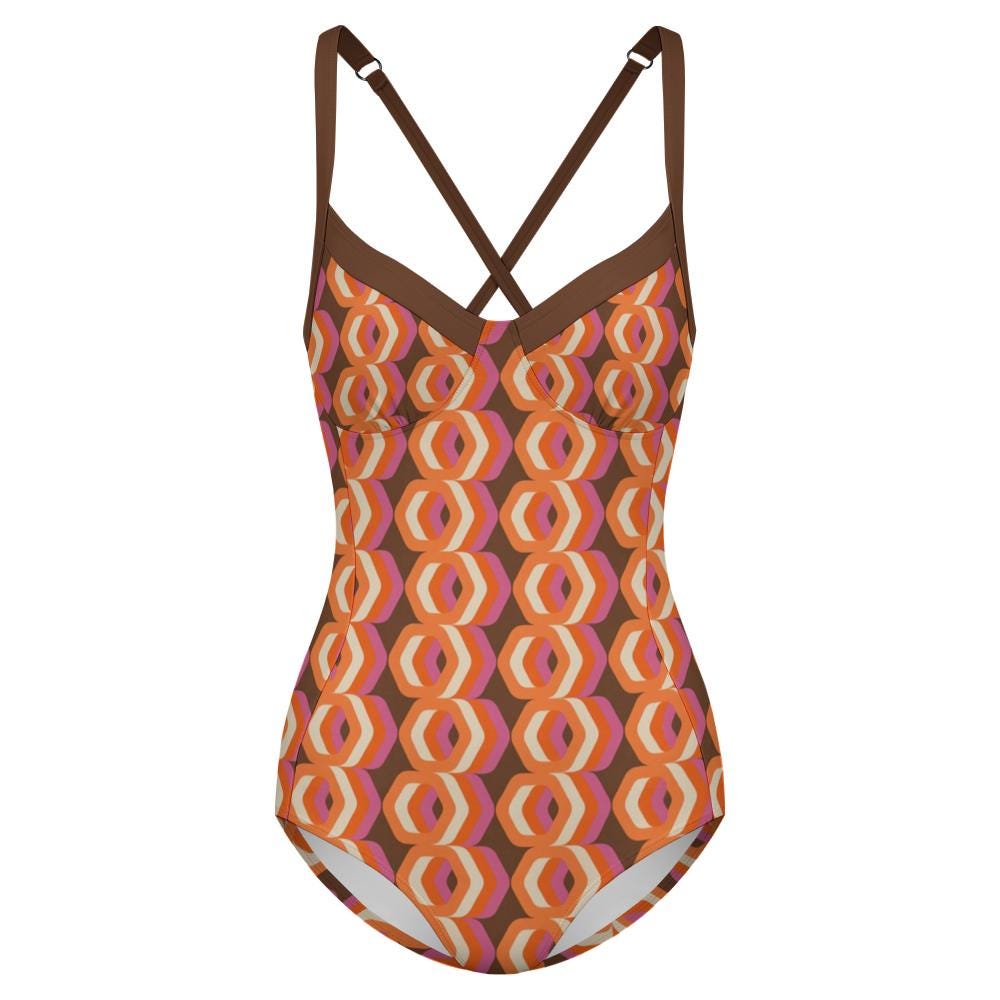 Retro Boho Sixties Mod Push-Up One-Piece Swimsuit with Lace-Up Back, Brown & Orange