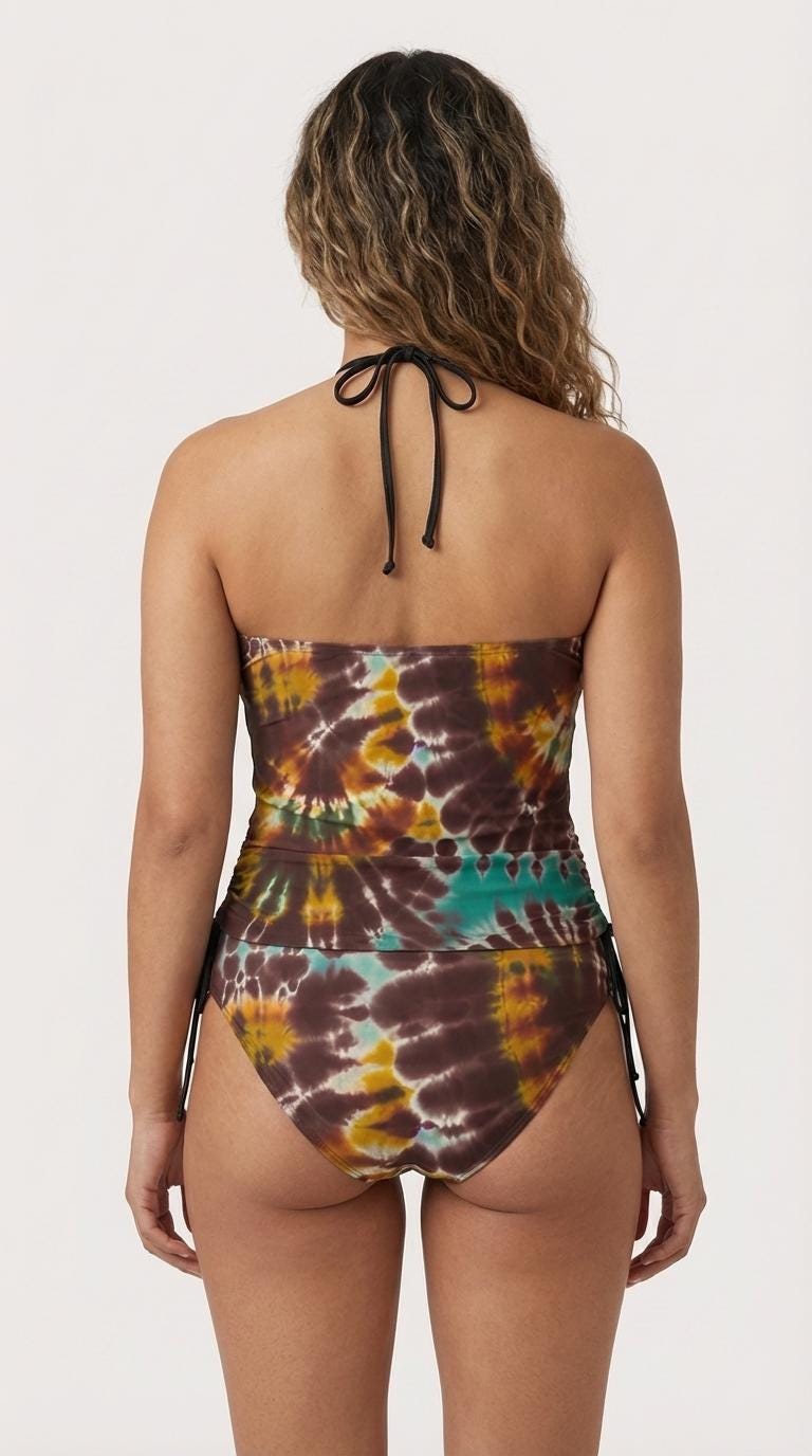Retro Halterneck Tankini Swimsuit – 1960s Groovy Tie Print Print, Side Drawstrings - Brown & Teal