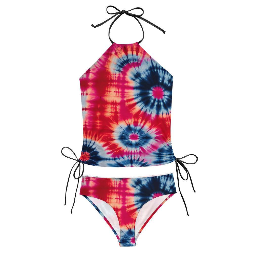 Retro Halterneck Tankini Swimsuit – 1960s Groovy Tie Print Print, Side Drawstrings - Red & Blue
