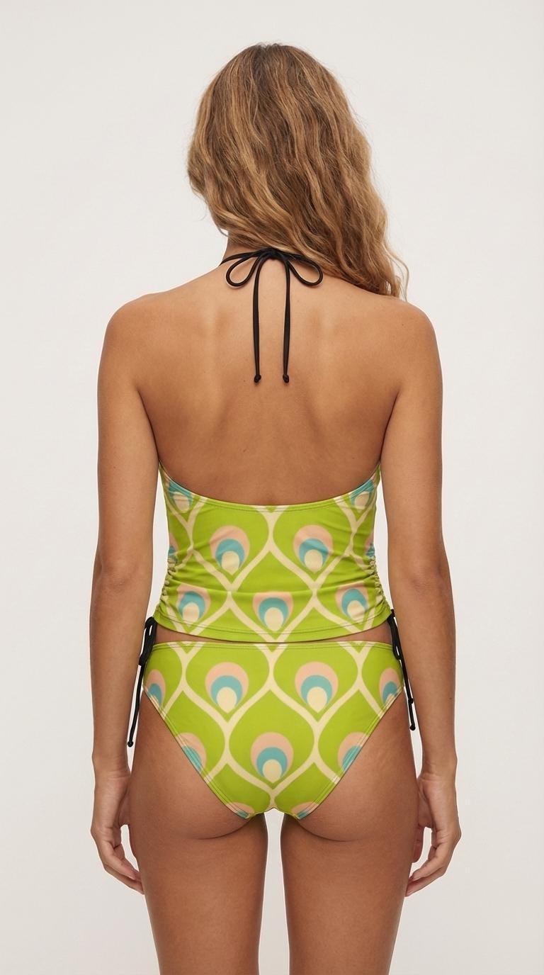 Retro Halterneck Tankini Swimsuit – 1960s Groovy Prints, Side Drawstrings - Avocado Green