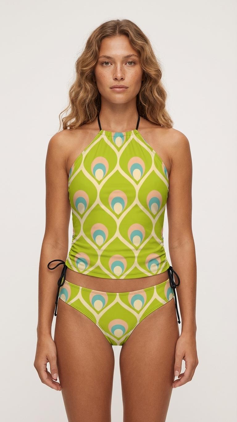 Retro Halterneck Tankini Swimsuit – 1960s Groovy Prints, Side Drawstrings - Avocado Green