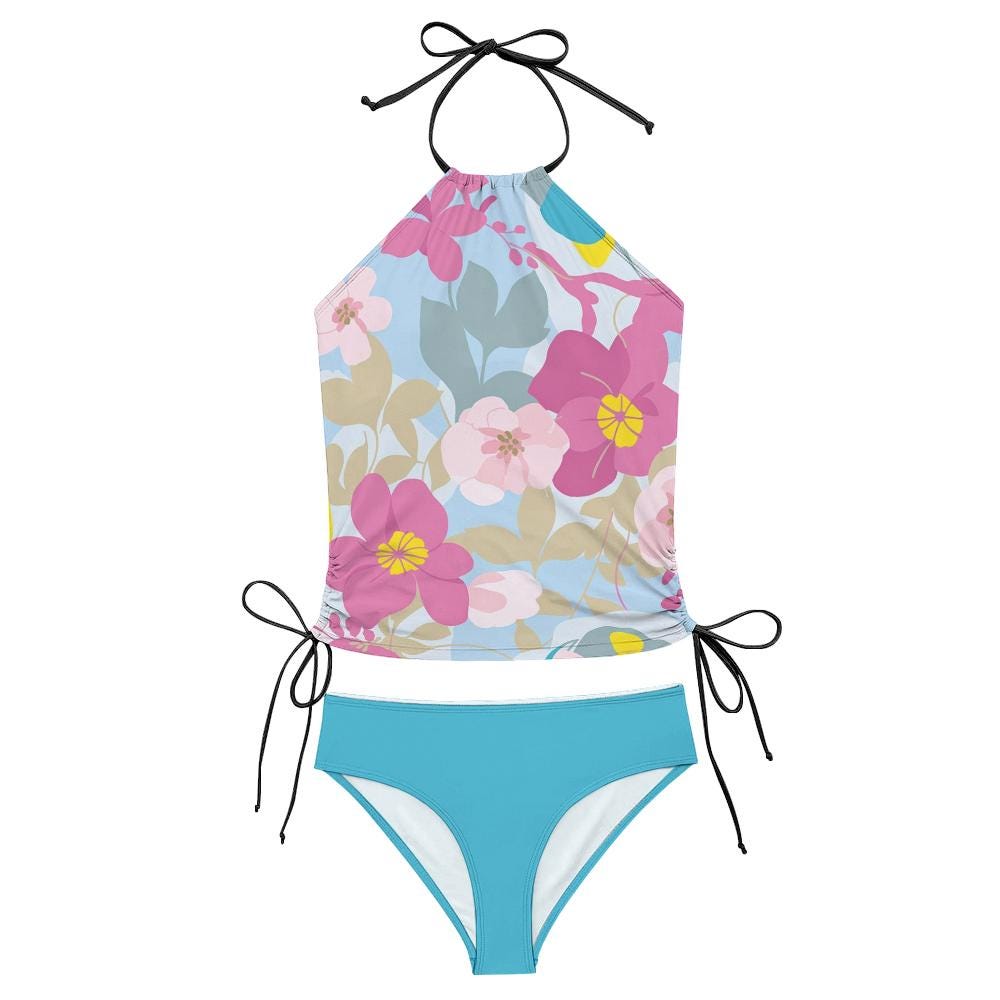 Retro Floral Tankini Groovy 1960s-Inspired Two-Piece Surfing Halter Swimsuit with Drawstring - Salmon / Brown