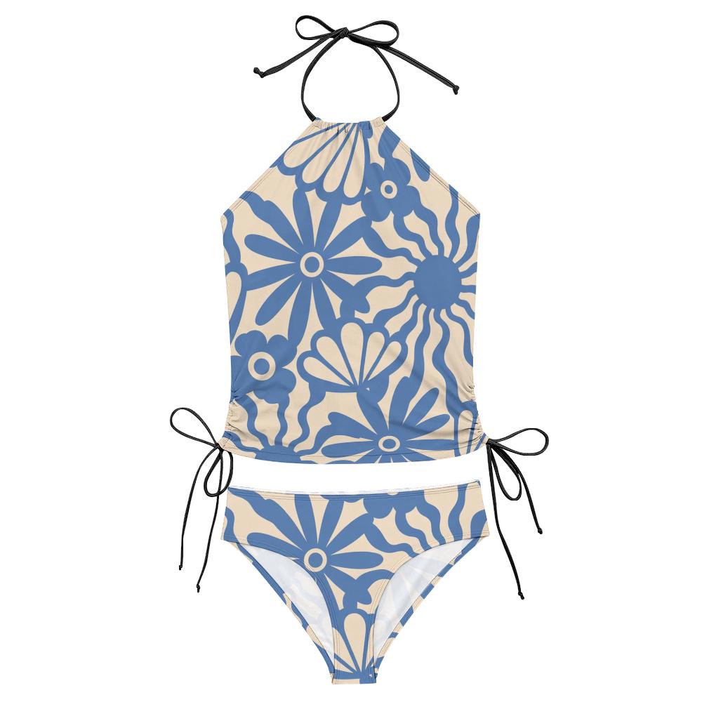 Retro Boho Floral Two-Piece Tankini Swimsuit Set - Drawstring Halterneck Flattering Fit Surfing Swimwear - Blue