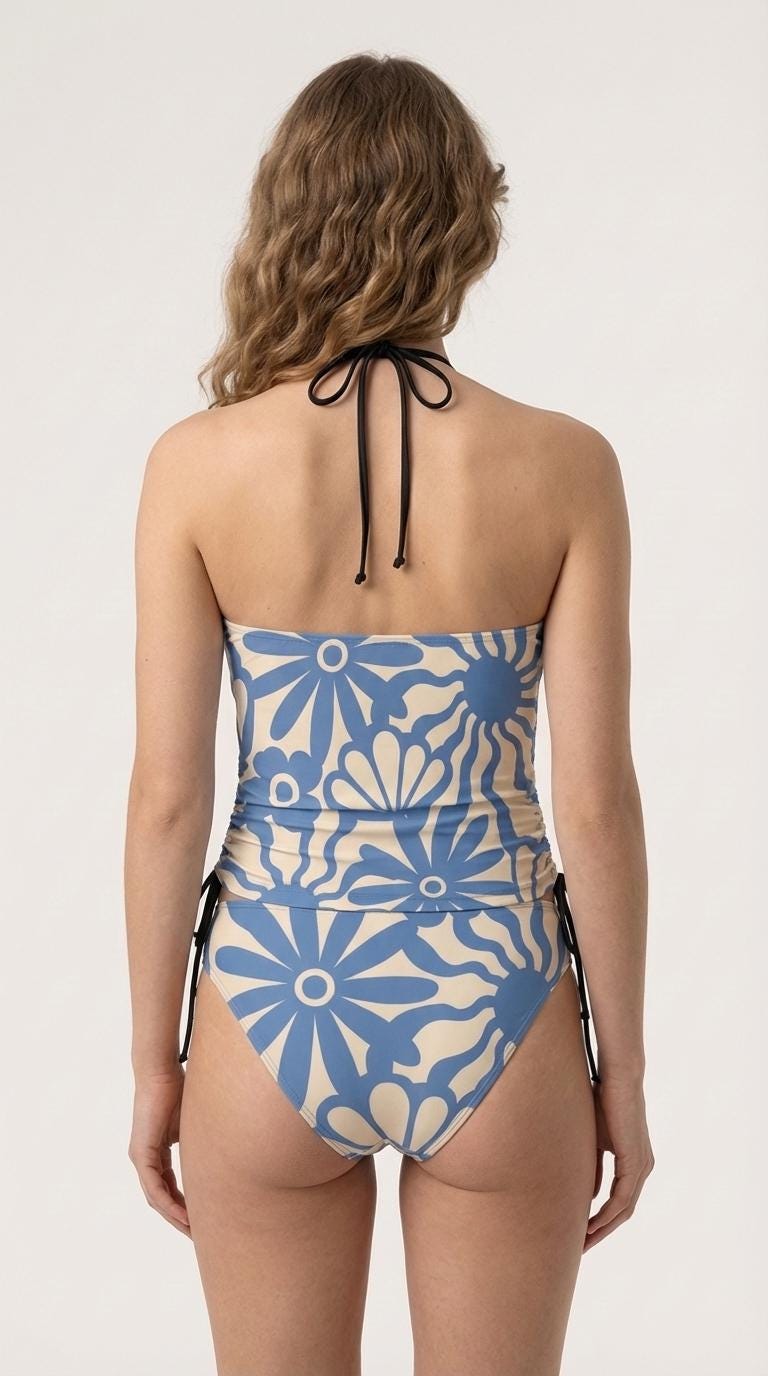 Retro Boho Floral Two-Piece Tankini Swimsuit Set - Drawstring Halterneck Flattering Fit Surfing Swimwear - Blue