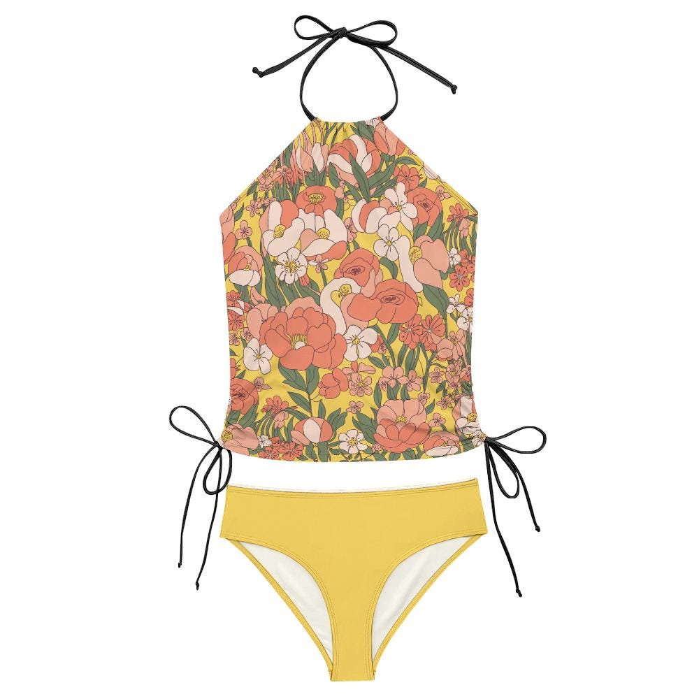 Retro Floral Tankini Two-Piece Swimsuit - Drawstring Halter Flattering Surfing Swimwear - Yellow Florals