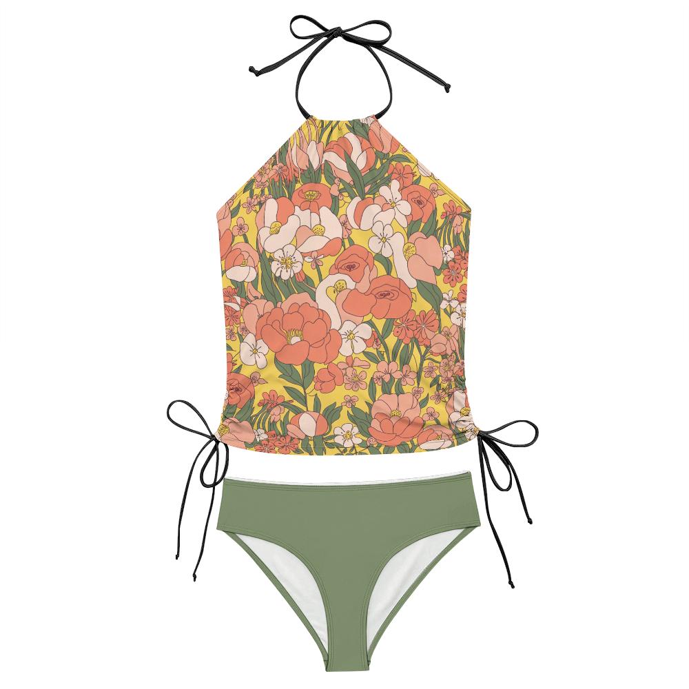 Retro Floral Tankini Two-Piece Swimsuit - Drawstring Halter Flattering Surfing Swimwear - Yellow Florals