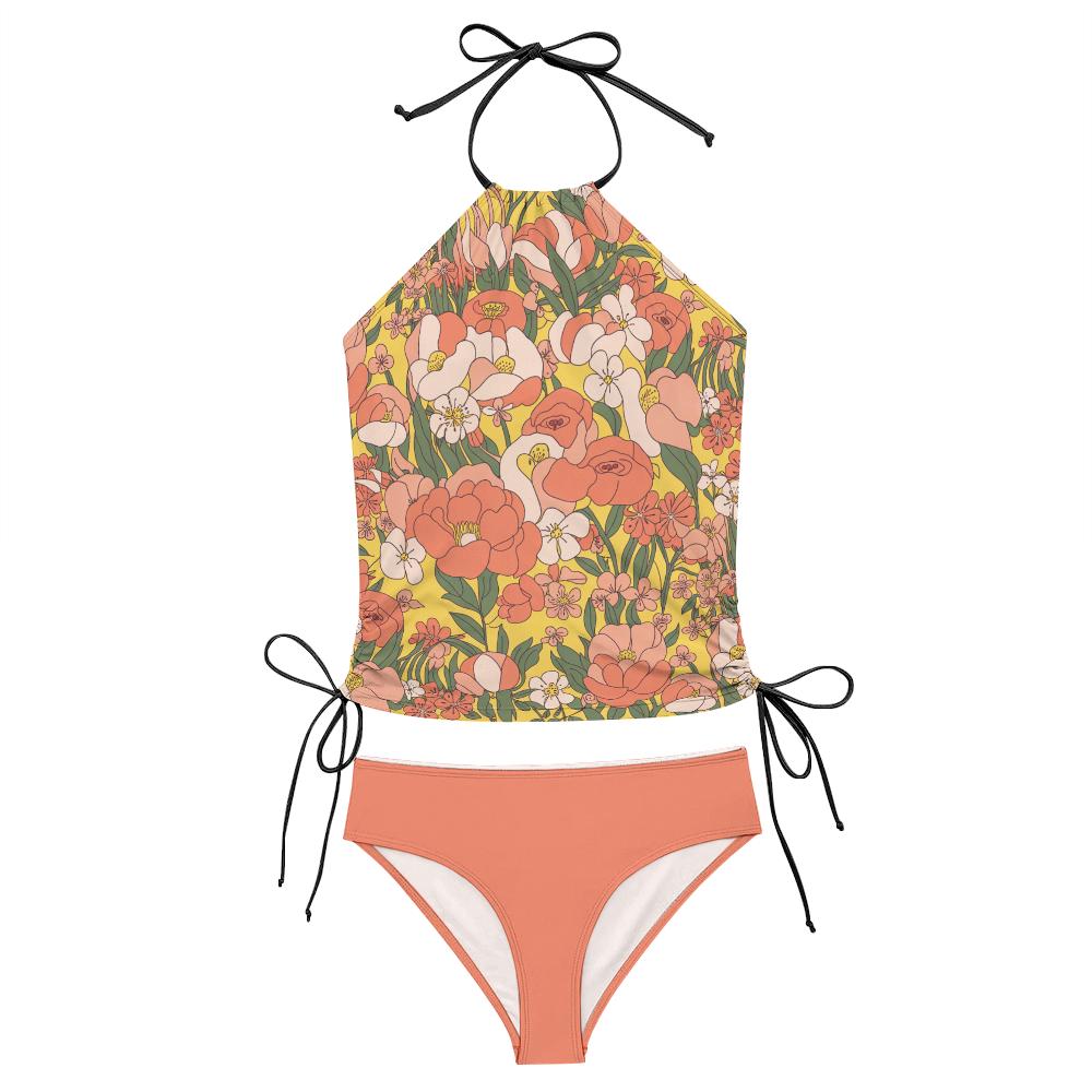 Retro Floral Tankini Two-Piece Swimsuit - Drawstring Halter Flattering Surfing Swimwear - Yellow Florals