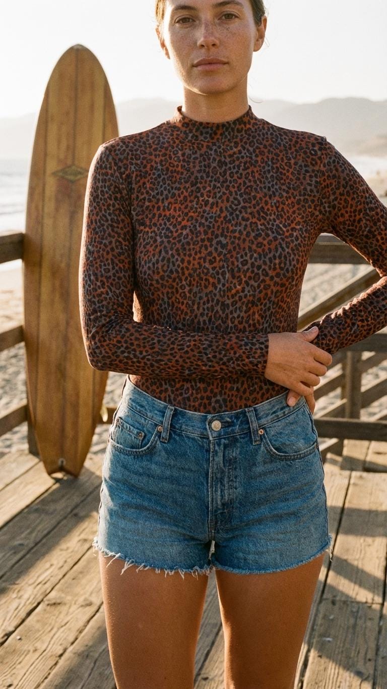 Vampire Art Retro Elegance Backless Long Sleeve Thumbhole Swimsuit, Grunge Rust Brown Leopard