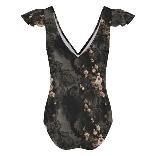 Retro Deep V-Neck Ruffle Sleeve One-Piece Swimsuit, Grunge Goth Florals, Lace & Roses Print