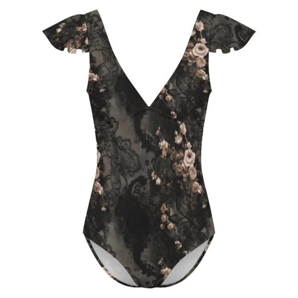Retro Deep V-Neck Ruffle Sleeve One-Piece Swimsuit, Grunge Goth Florals, Lace & Roses Print