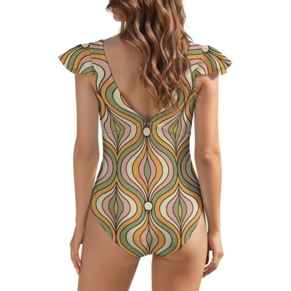 Stylish Retro Deep V-Neck Ruffle Sleeve One-Piece Swimsuit, Psychedelic Sixties Groovy Print