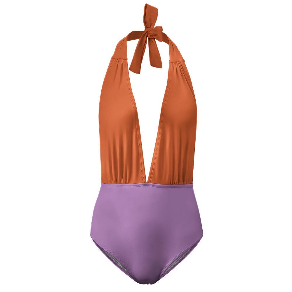 Retro Monroe Rust and Purple Halter Plunge One Piece Swimsuit