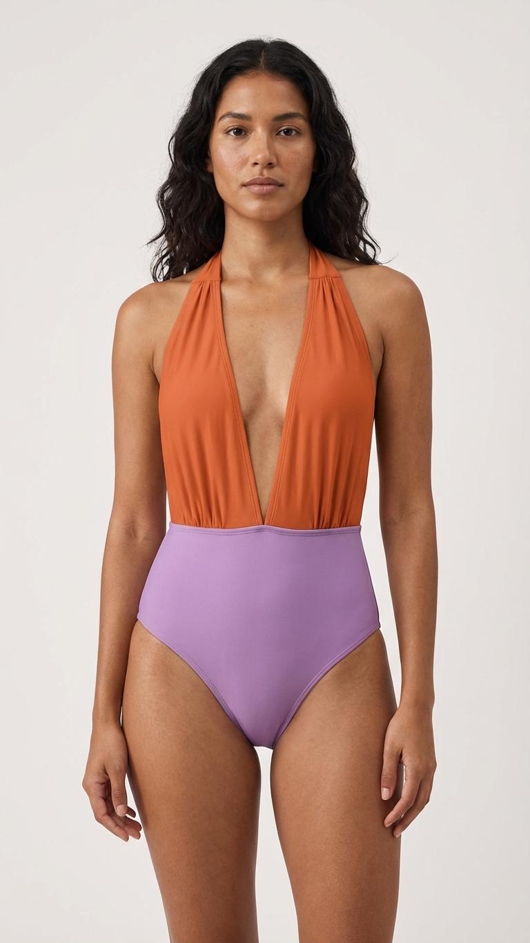 Retro Monroe Rust and Purple Halter Plunge One Piece Swimsuit