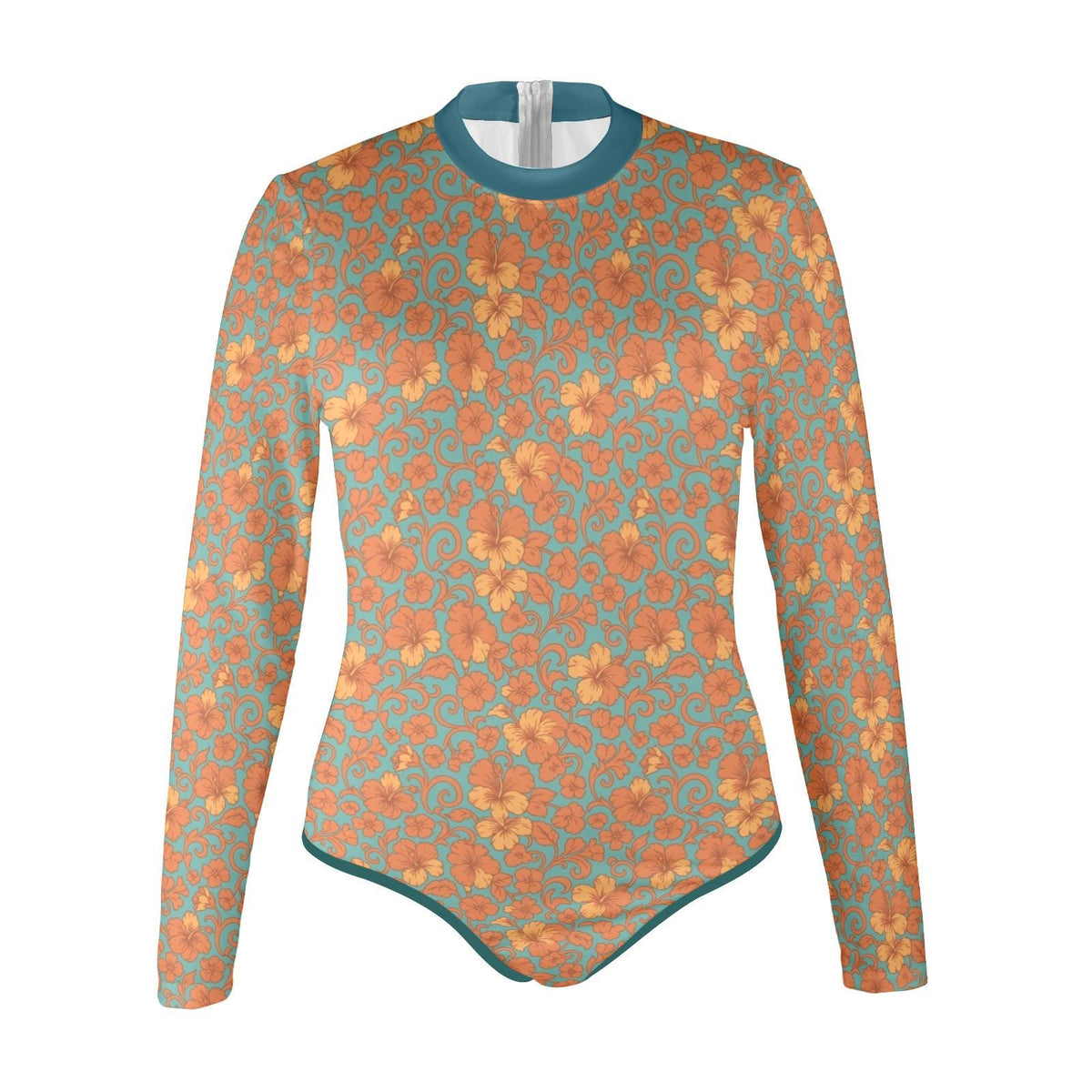 Retro Look Long-Sleeve One-Piece Swimsuit - Back-Zipper - Lightweight - Vintage Florals