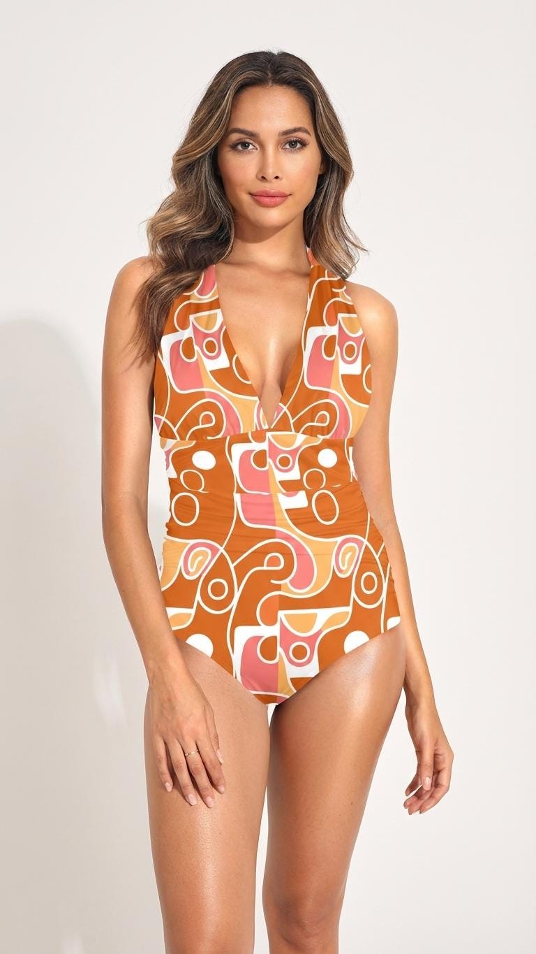 Retro One-Piece Swimsuit - Plunge V-Neck Halter Backless Removable Padding - 60s Boho Groovy Colours