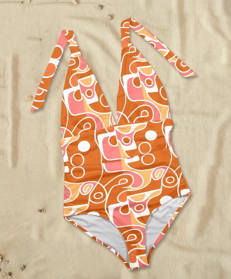 Retro One-Piece Swimsuit - Plunge V-Neck Halter Backless Removable Padding - 60s Boho Groovy Colours