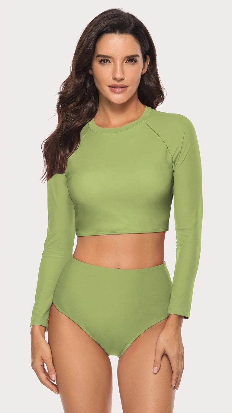 70s Retro Surf Colours Sporty Long-Sleeve Crop-Top Bikini | High-Waist Two-Piece Swimwear | Sage Green
