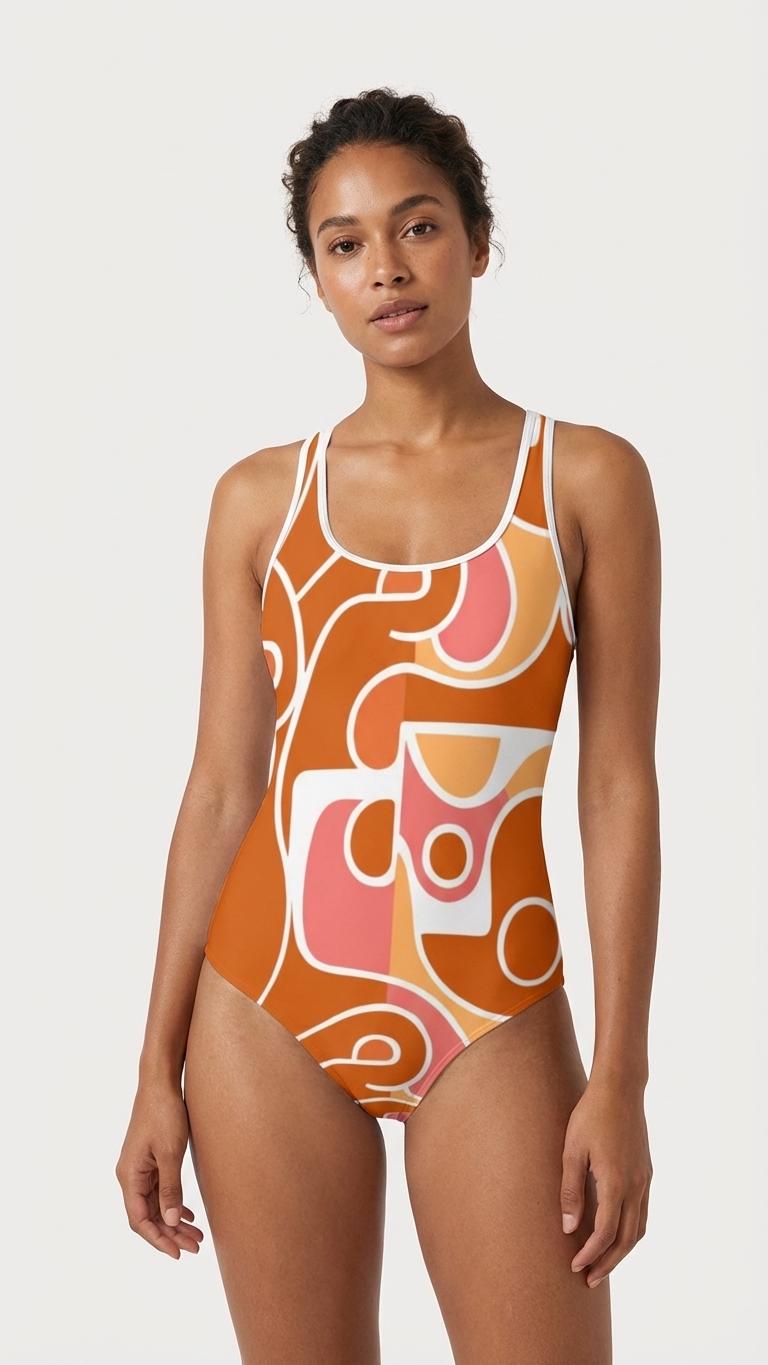 Retro Tank-Style Swimsuit – Sporty One-Piece, White Trim, Active Fit Beach & Surf – Groovy Abstract Browns