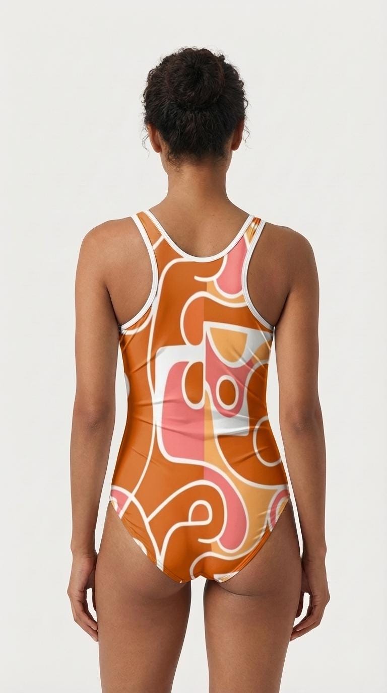 Retro Tank-Style Swimsuit – Sporty One-Piece, White Trim, Active Fit Beach & Surf – Groovy Abstract Browns