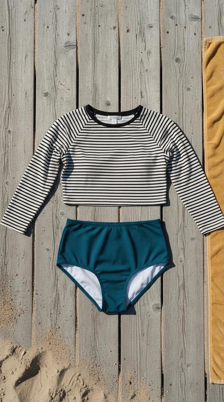 Y2K Goth Grunge High-Waist Bikini | Sporty Surf Long-Sleeve Crop-Top Swimsuit | Black Striped & Teal